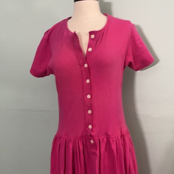 Vintage 80s Pink Cotton Button Front Drop Waist Dress - Picture 2 of 5